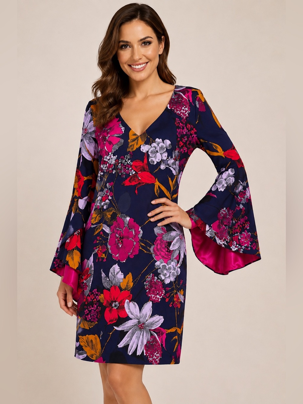 Trina Turk Floral Bell Sleeve V Neck Shift Dress Navy Pink Size 12